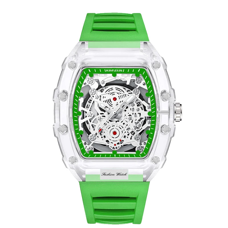 Reloj de cuarzo de silicona con forma de barril personalizado luminoso con calendario de alta gama, reloj transparente de moda para hombre