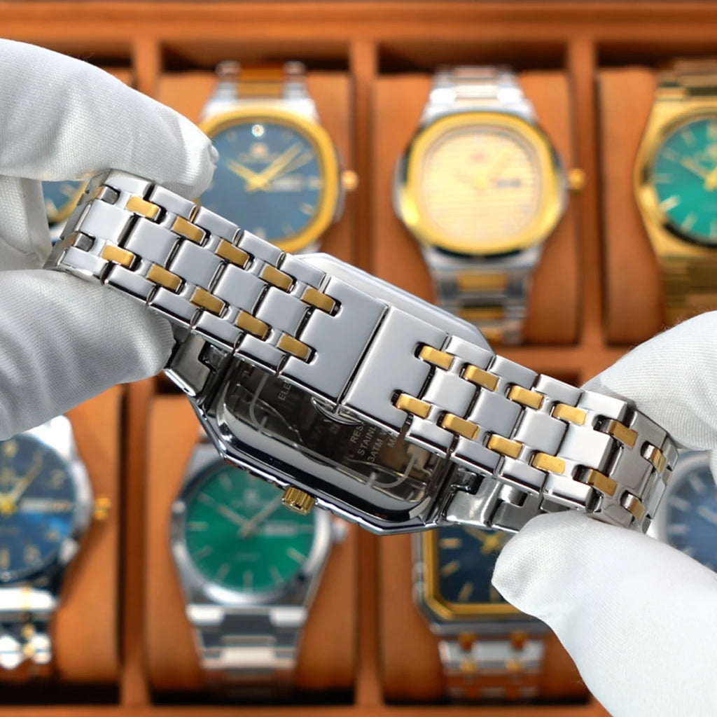 Reloj VA VOOM de la mejor marca para hombre, reloj dorado de lujo con movimiento de cuarzo cuadrado, reloj de acero inoxidable, reloj de negocios con calendario Original para hombre