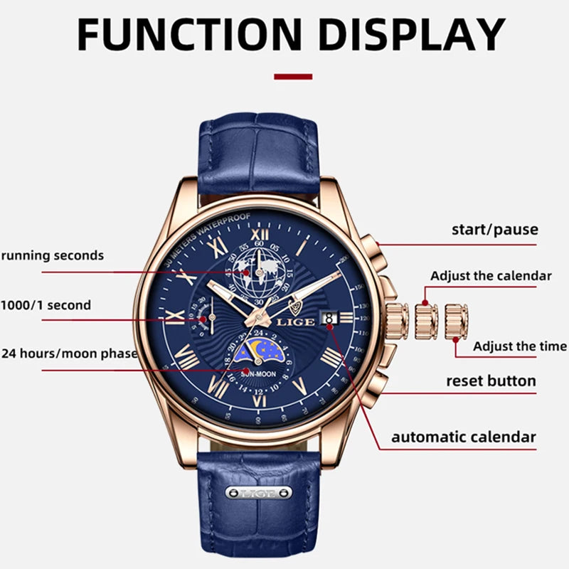 2024 LIGE, nuevos relojes de cuero azul para hombre, marca superior, reloj resistente al agua de lujo para hombre, reloj de pulsera deportivo con fecha de cuarzo, reloj Masculino