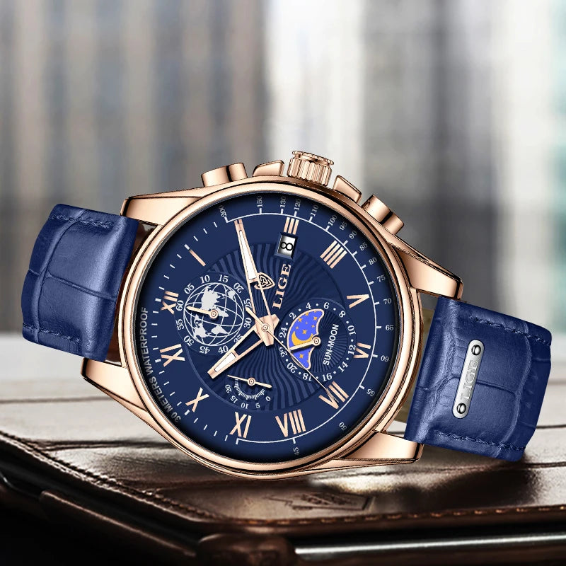 2024 LIGE, nuevos relojes de cuero azul para hombre, marca superior, reloj resistente al agua de lujo para hombre, reloj de pulsera deportivo con fecha de cuarzo, reloj Masculino