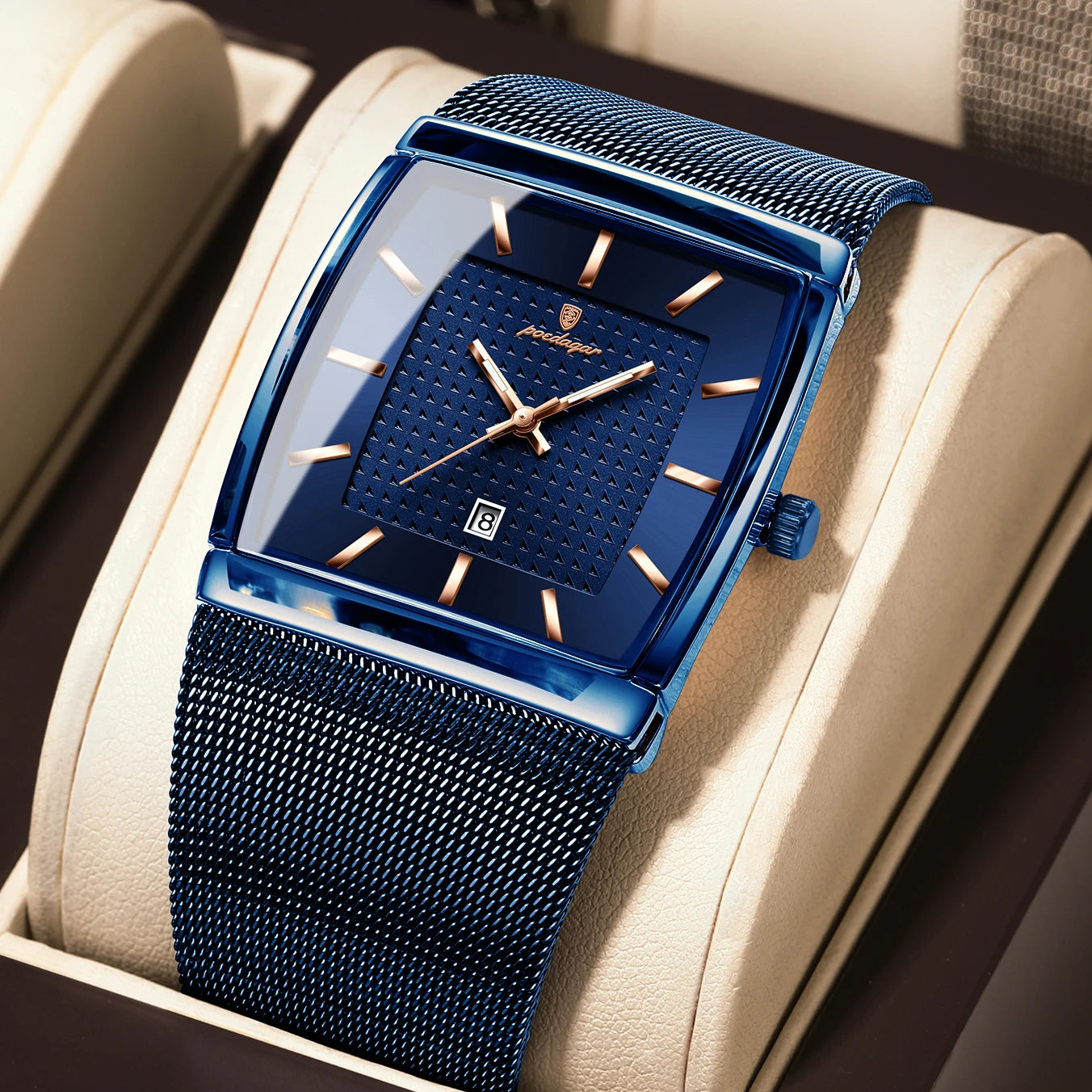 Reloj POEDAGAR Original superior para hombre, reloj de pulsera rectangular con fecha luminosa resistente al agua para hombre, relojes de cuarzo de malla de acero inoxidable para hombre