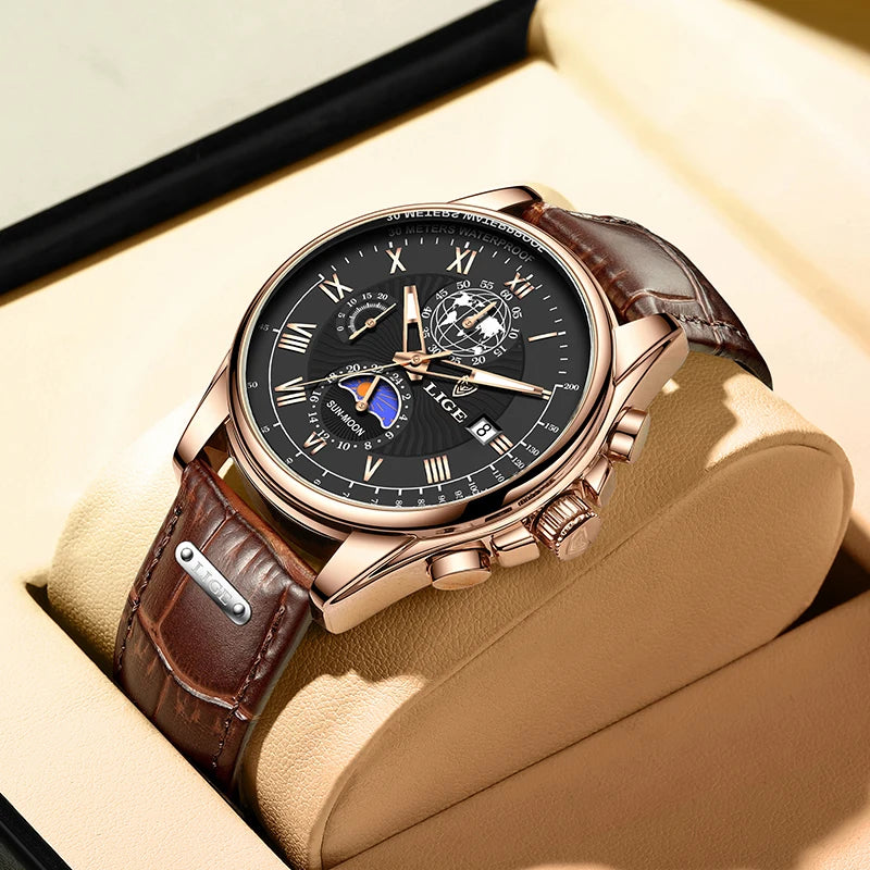2024 LIGE, nuevos relojes de cuero azul para hombre, marca superior, reloj resistente al agua de lujo para hombre, reloj de pulsera deportivo con fecha de cuarzo, reloj Masculino