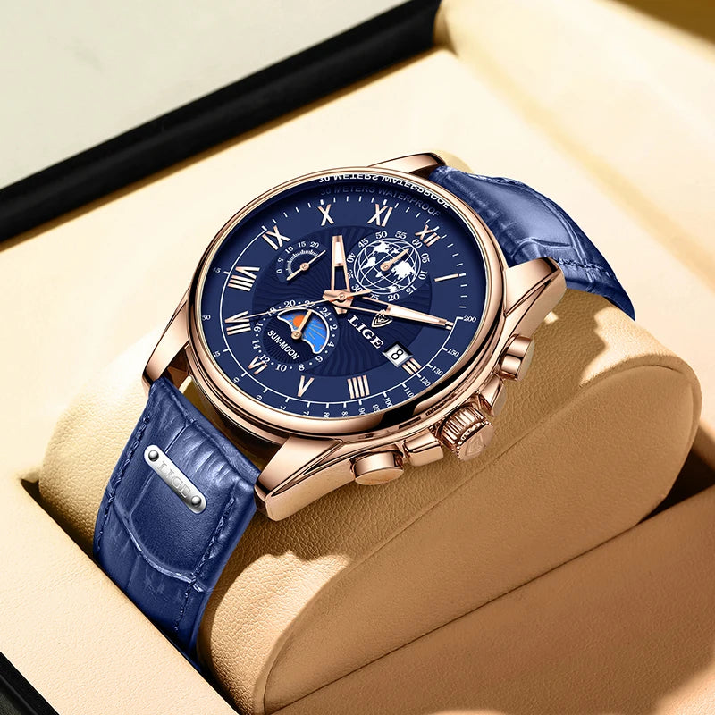 2024 LIGE, nuevos relojes de cuero azul para hombre, marca superior, reloj resistente al agua de lujo para hombre, reloj de pulsera deportivo con fecha de cuarzo, reloj Masculino