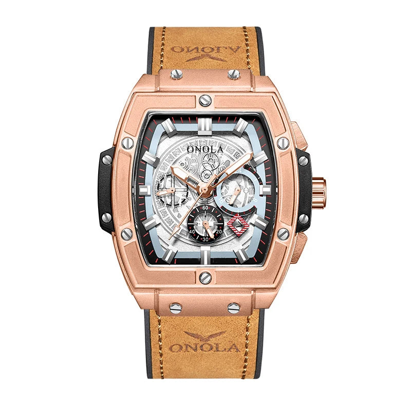 Relojes de lujo a la moda con diseño clásico en forma de barril para hombre ONOLA, reloj de cuarzo de cuero informal resistente al agua multifuncional para hombre