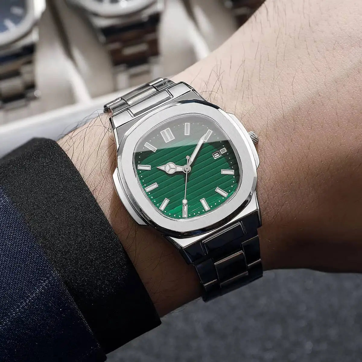 2/4 Uds. Conjunto de relojes de negocios cuadrados a la moda para Hombre, Reloj de cuarzo con calendario y correa de acero inoxidable, Reloj para Hombre (sin caja)