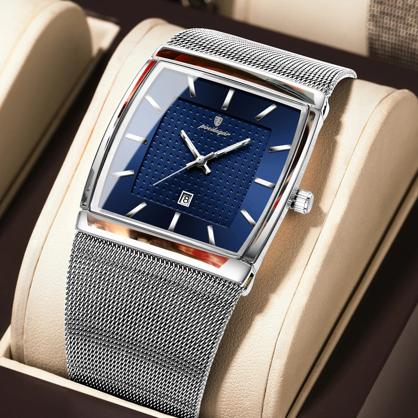 Reloj POEDAGAR Original superior para hombre, reloj de pulsera rectangular con fecha luminosa resistente al agua para hombre, relojes de cuarzo de malla de acero inoxidable para hombre