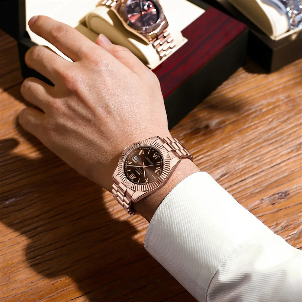 Marca NIBOSI, Reloj de cuarzo de oro rosa de lujo, Reloj masculino de acero inoxidable, Reloj luminoso resistente al agua con fecha para Hombre, Reloj para Hombre