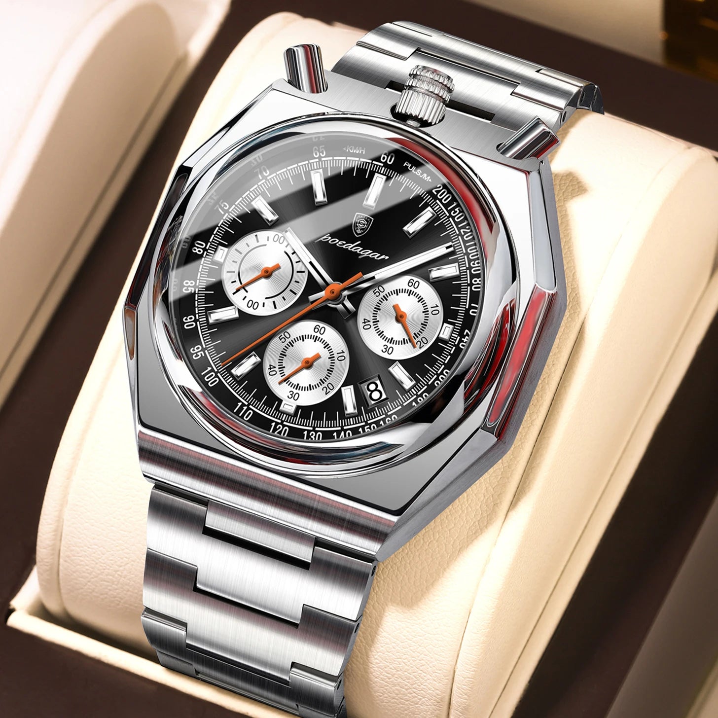 Reloj de pulsera POEDAGAR de lujo para hombre, reloj de pulsera de acero inoxidable con fecha luminosa a la moda para hombre, cronógrafo, relojes de cuarzo de alta calidad para hombre