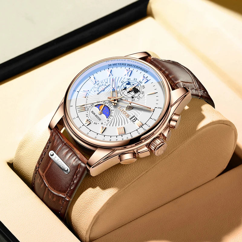 2024 LIGE, nuevos relojes de cuero azul para hombre, marca superior, reloj resistente al agua de lujo para hombre, reloj de pulsera deportivo con fecha de cuarzo, reloj Masculino