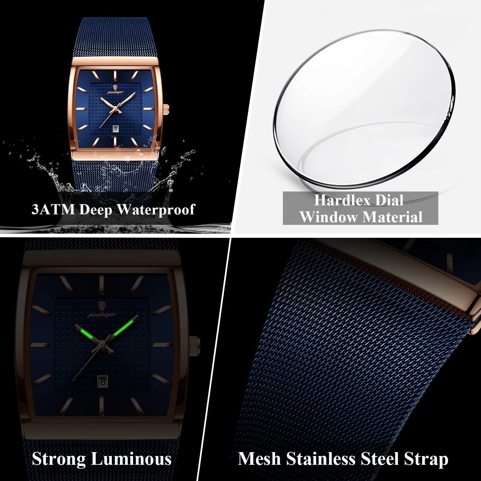 Reloj POEDAGAR Original superior para hombre, reloj de pulsera rectangular con fecha luminosa resistente al agua para hombre, relojes de cuarzo de malla de acero inoxidable para hombre