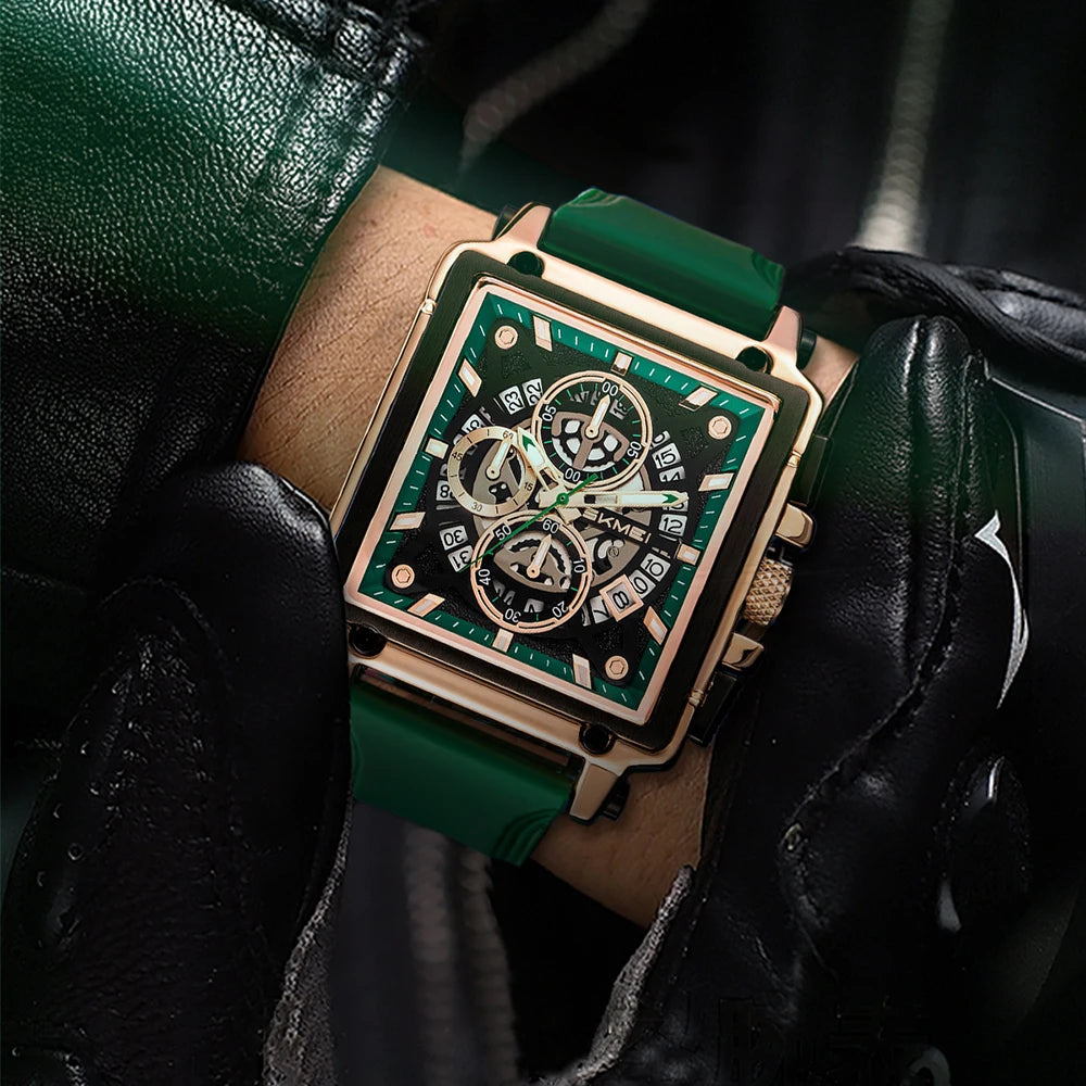 Reloj deportivo para hombre, relojes rectangulares únicos con esfera grande, bandas de silicona de cuarzo informales, relojes de pulsera con fecha automática