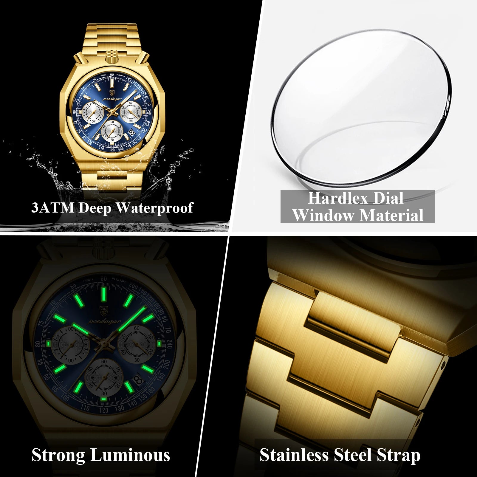 Reloj de pulsera POEDAGAR de lujo para hombre, reloj de pulsera de acero inoxidable con fecha luminosa a la moda para hombre, cronógrafo, relojes de cuarzo de alta calidad para hombre