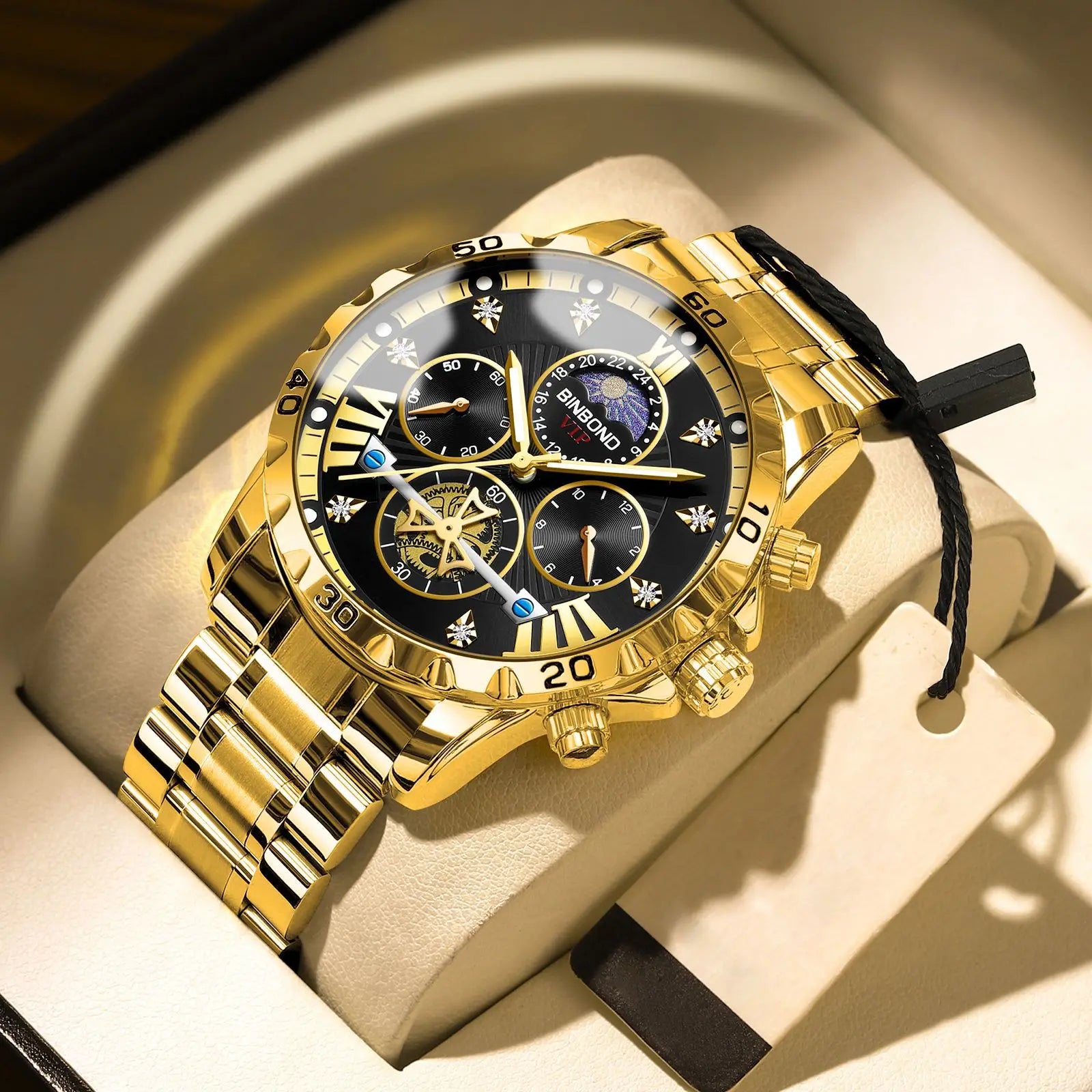 Reloj de marca superior para hombre, auténtico reloj de pulsera de cuarzo con luz nocturna de negocios de alta gama, resistente al agua, volante dorado, correa de acero