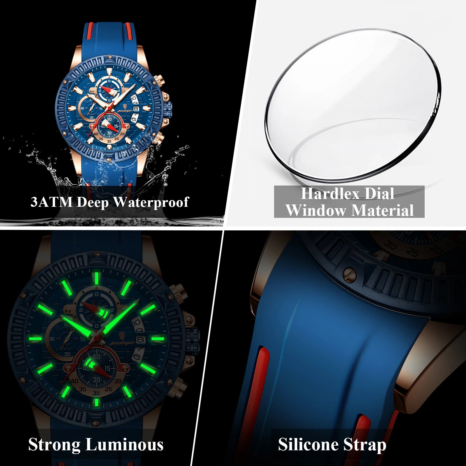 Reloj POEDAGAR de lujo para hombre, correa de silicona, cronógrafo con fecha, reloj de pulsera para hombre, relojes deportivos militares luminosos resistentes al agua de cuarzo para hombre