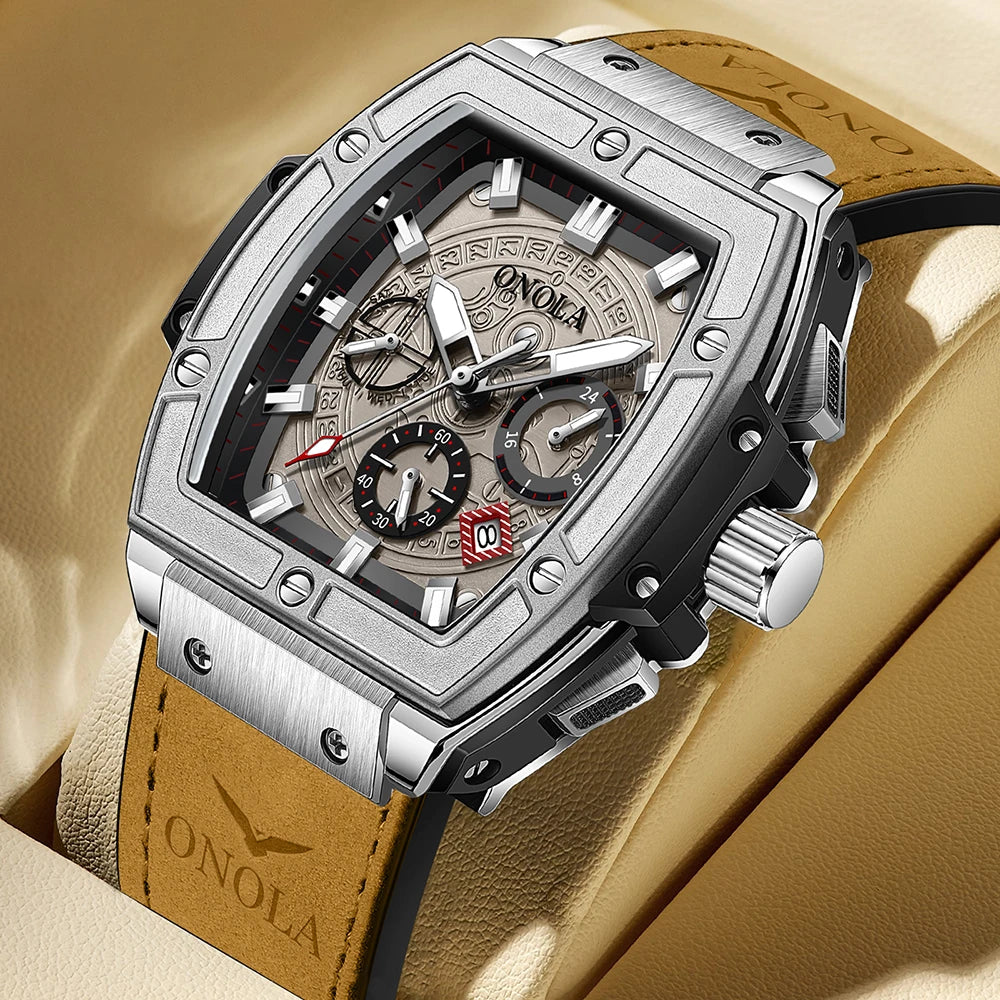 Relojes de lujo a la moda con diseño clásico en forma de barril para hombre ONOLA, reloj de cuarzo de cuero informal resistente al agua multifuncional para hombre