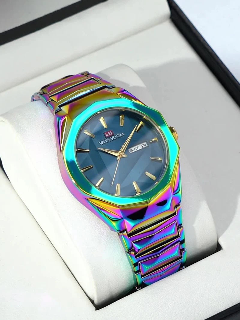 Reloj para hombre, negocios y ocio, calendario doble, resistente al agua, correa de acero inoxidable, esfera que cambia de Color, reloj de cuarzo, regalo