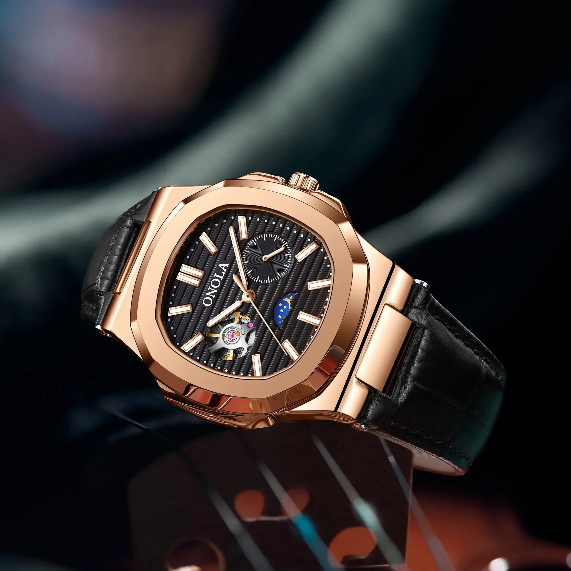 ONOLA-reloj mecánico totalmente automático para hombre, cronógrafo de cuero, resistente al agua, de alta calidad