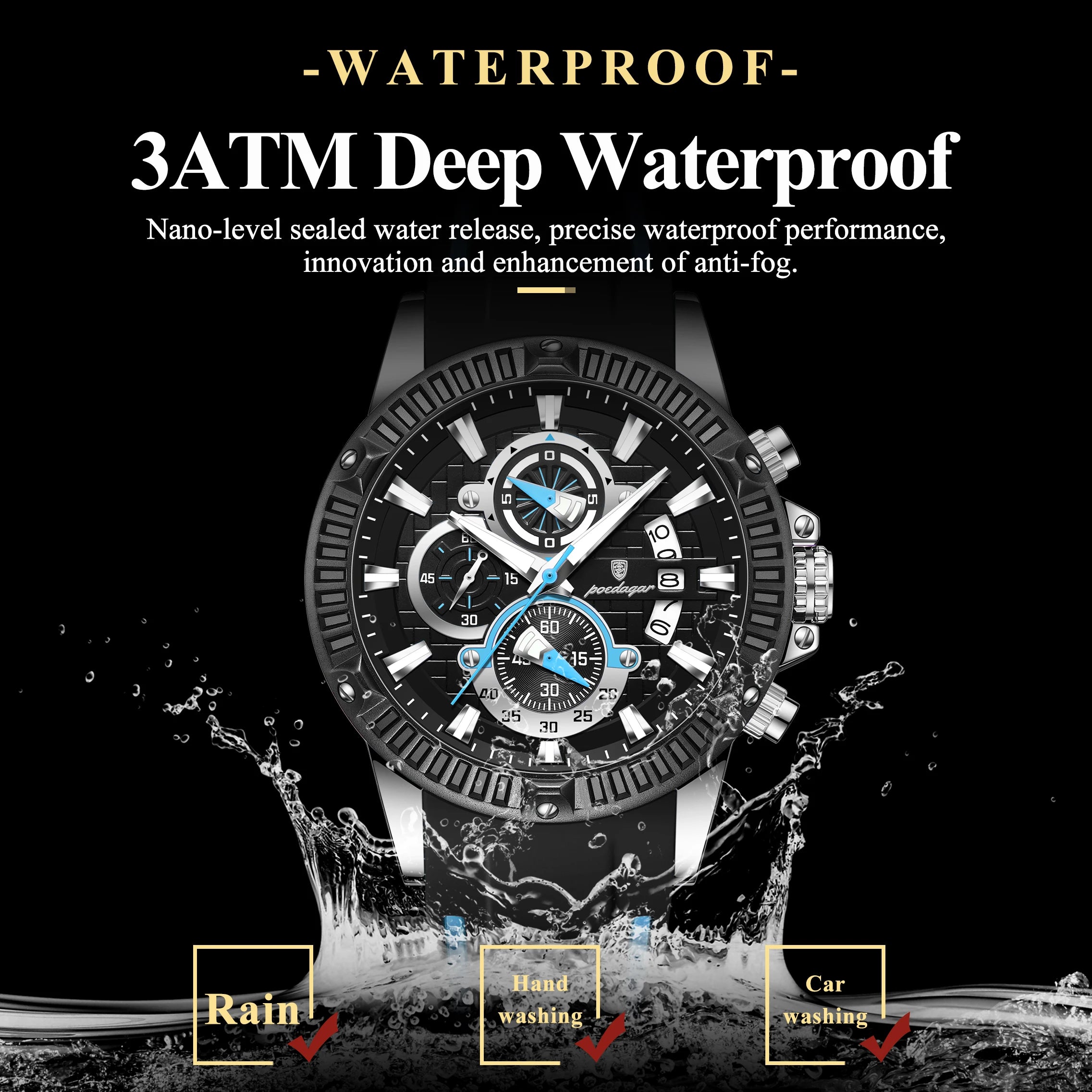 POEDAGAR, reloj de pulsera a la moda para hombre, cronógrafo con fecha, reloj luminoso resistente al agua para hombre, correa de silicona, relojes deportivos de cuarzo para hombre