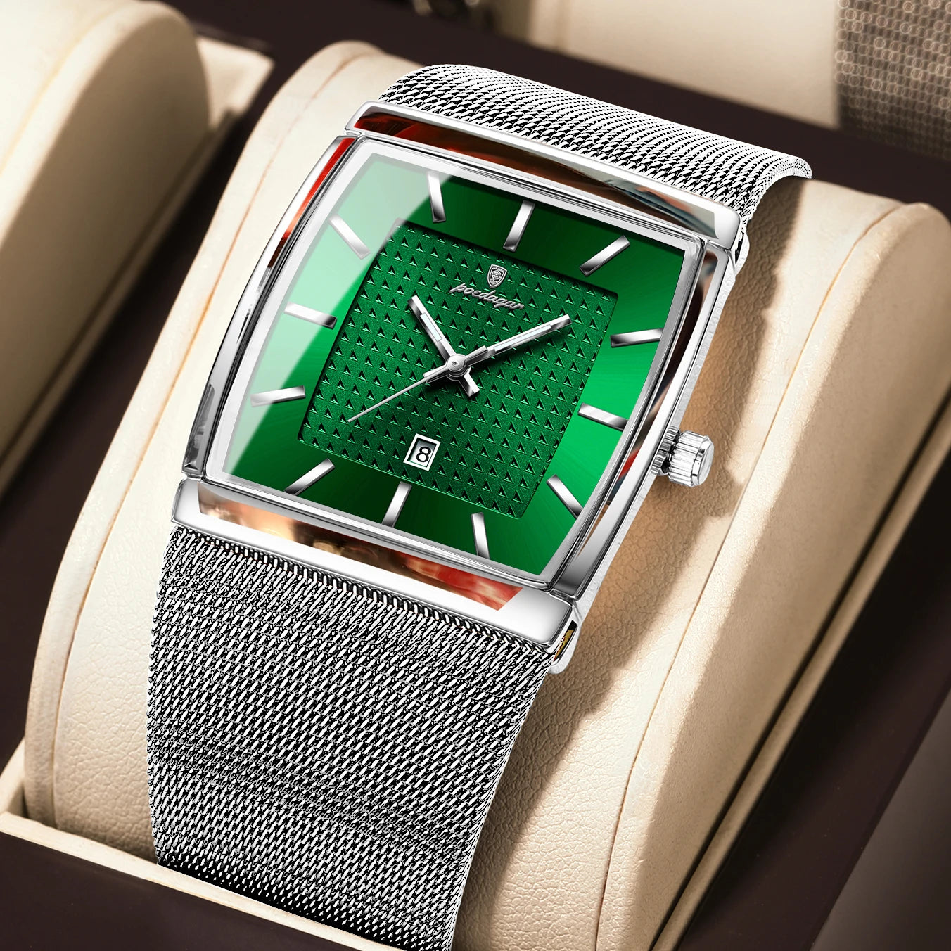 Reloj POEDAGAR Original superior para hombre, reloj de pulsera rectangular con fecha luminosa resistente al agua para hombre, relojes de cuarzo de malla de acero inoxidable para hombre