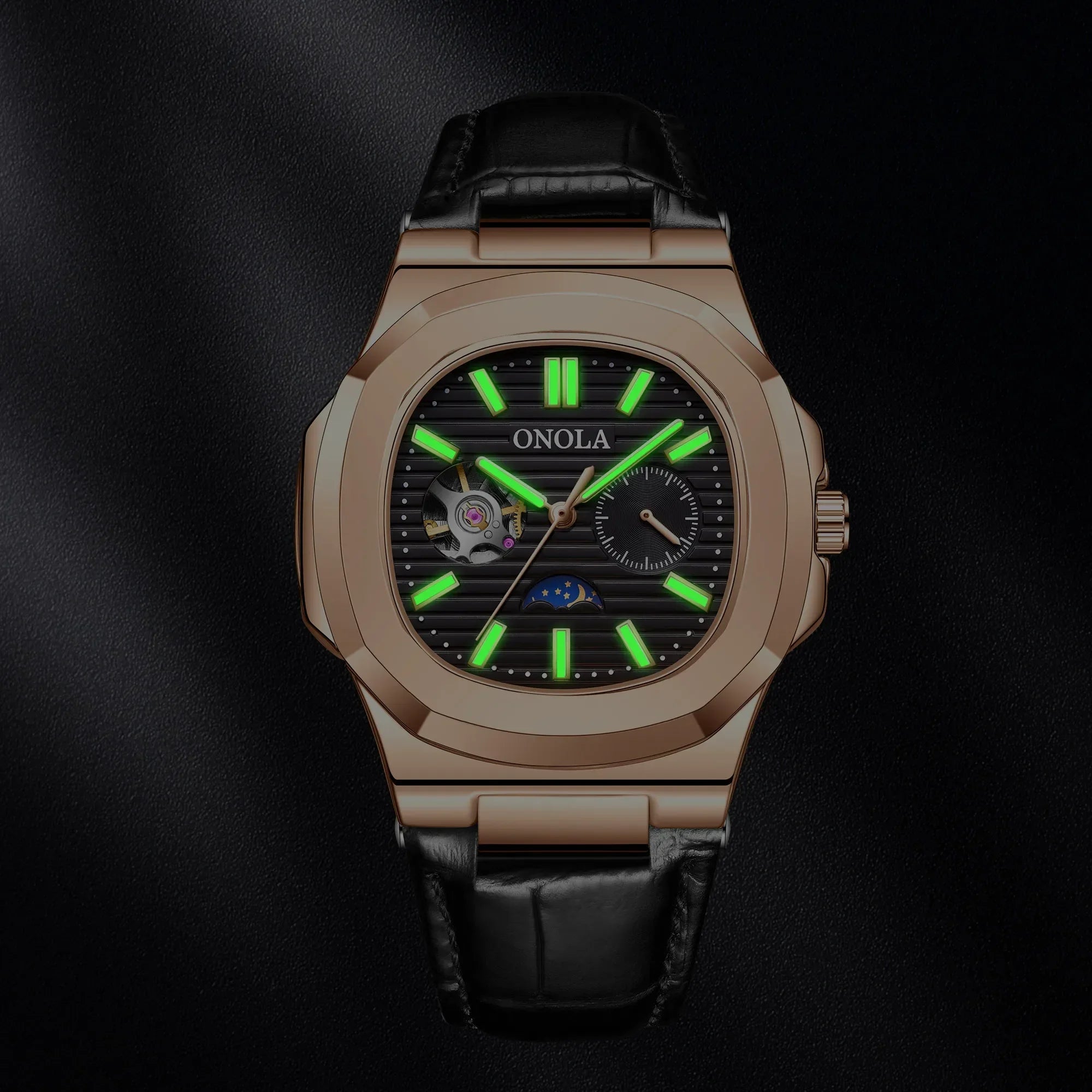 ONOLA-reloj mecánico totalmente automático para hombre, cronógrafo de cuero, resistente al agua, de alta calidad