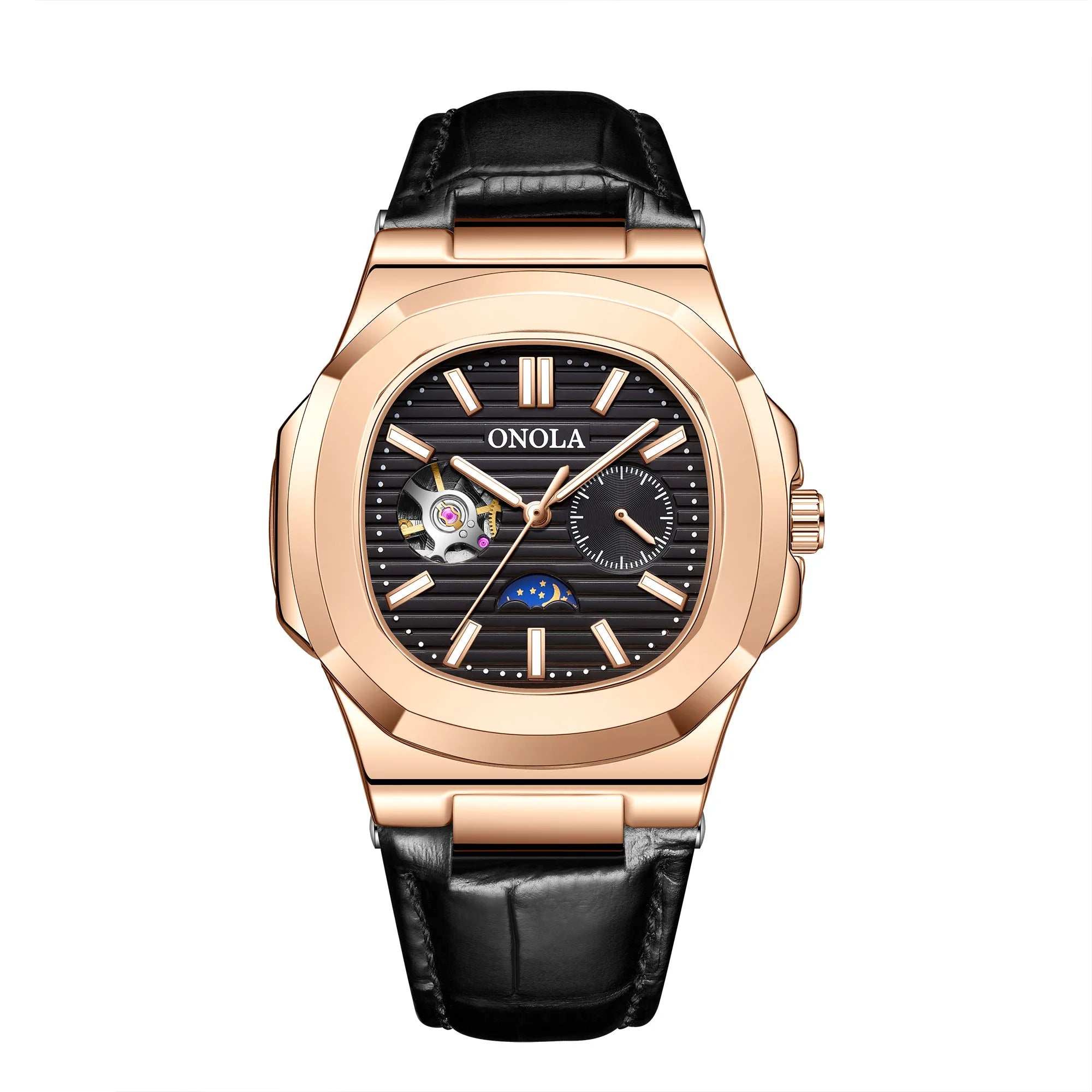 ONOLA-reloj mecánico totalmente automático para hombre, cronógrafo de cuero, resistente al agua, de alta calidad