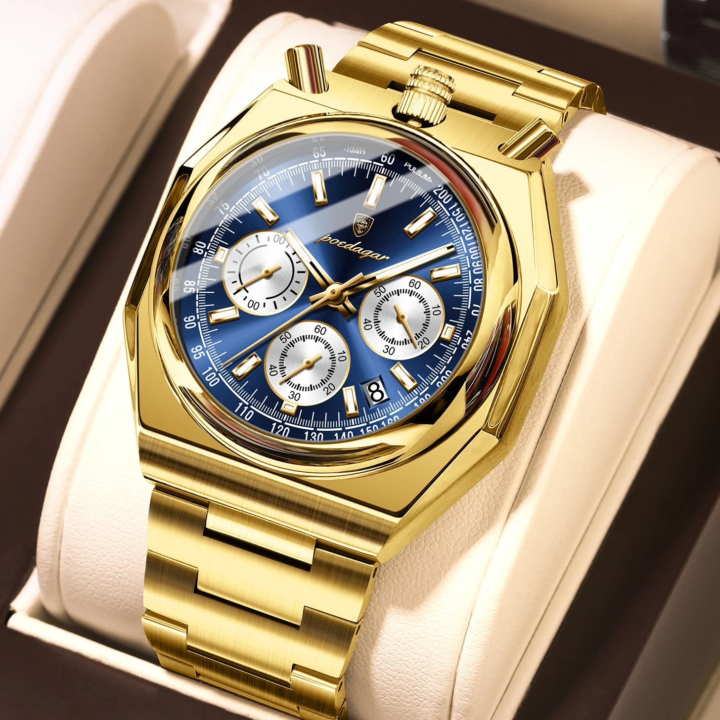 Reloj de pulsera POEDAGAR de lujo para hombre, reloj de pulsera de acero inoxidable con fecha luminosa a la moda para hombre, cronógrafo, relojes de cuarzo de alta calidad para hombre