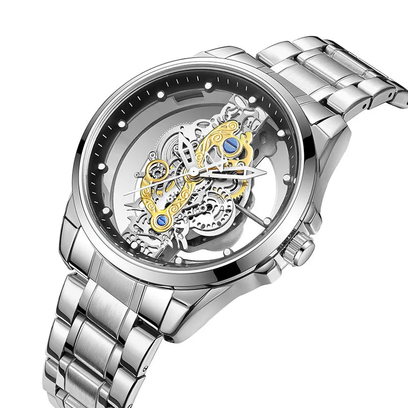 Reloj UTHAI para hombre, tendencia deportiva, doble cara, transparente, de acero hueco, resistente al agua, luminoso, reloj de pulsera de cuarzo a la moda para hombre