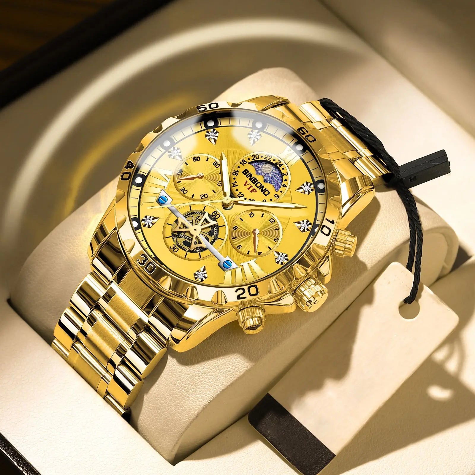 Reloj de marca superior para hombre, auténtico reloj de pulsera de cuarzo con luz nocturna de negocios de alta gama, resistente al agua, volante dorado, correa de acero