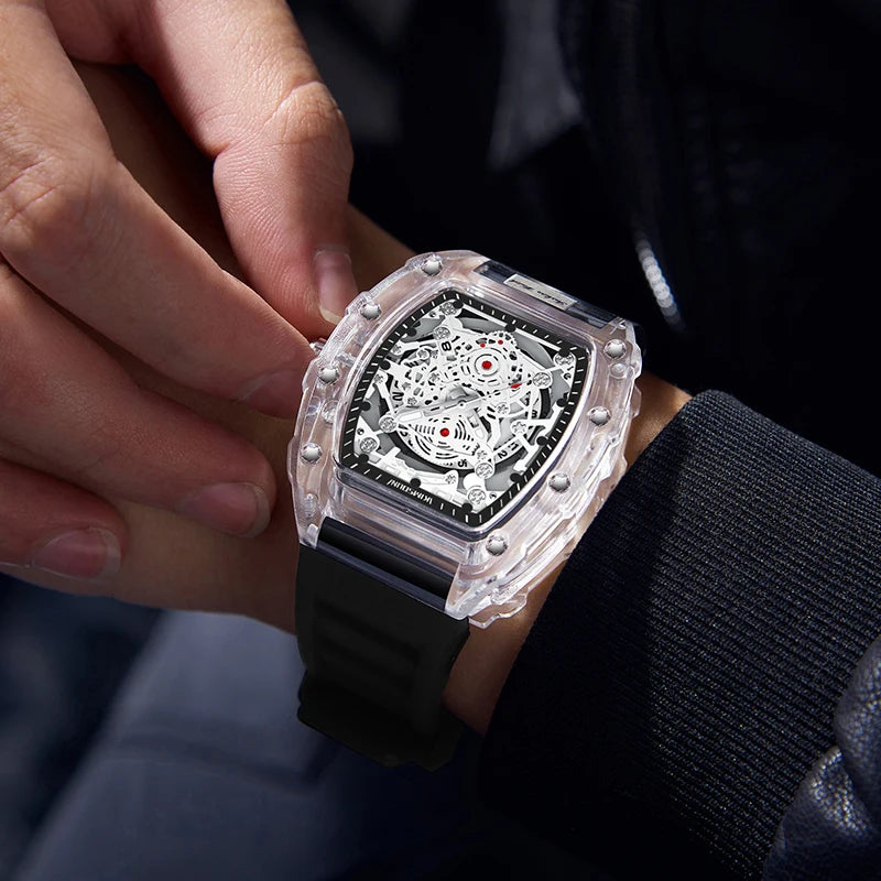 Reloj de cuarzo de silicona con forma de barril personalizado luminoso con calendario de alta gama, reloj transparente de moda para hombre