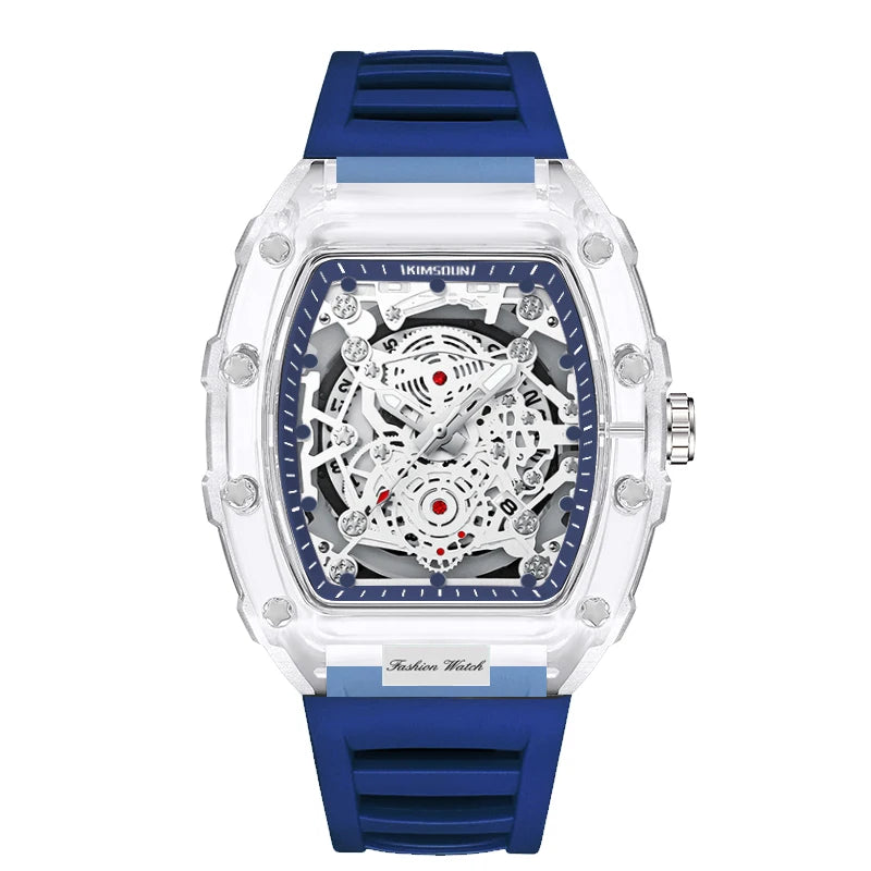 Reloj de cuarzo de silicona con forma de barril personalizado luminoso con calendario de alta gama, reloj transparente de moda para hombre
