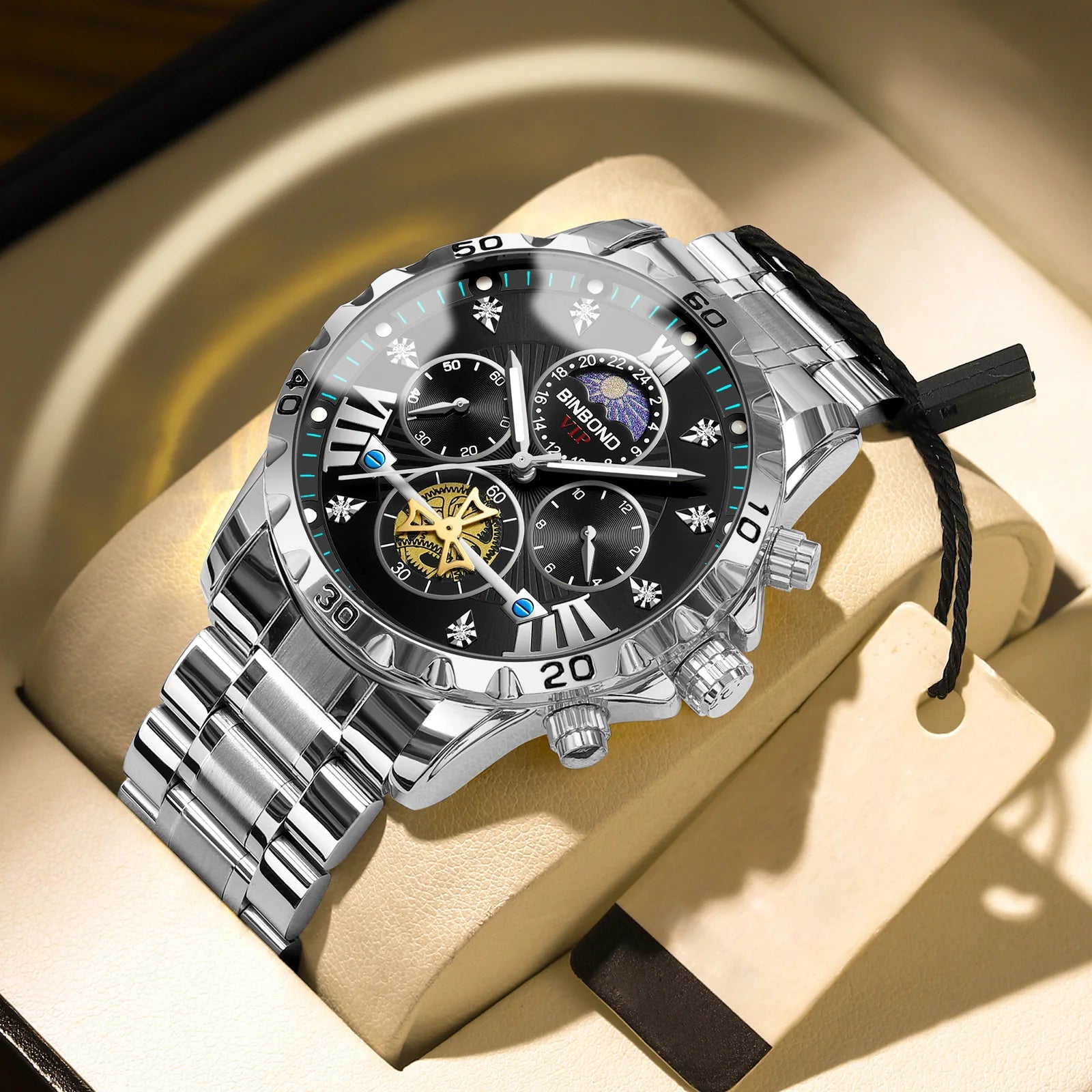 Reloj de marca superior para hombre, auténtico reloj de pulsera de cuarzo con luz nocturna de negocios de alta gama, resistente al agua, volante dorado, correa de acero