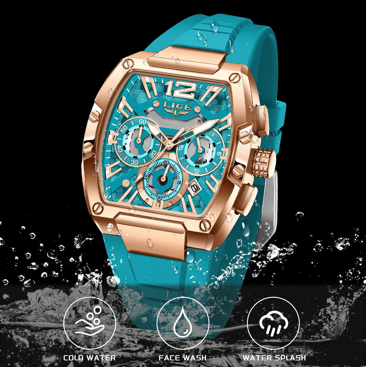 Relojes de pulsera LIGE de lujo para hombre, reloj cuadrado dorado rosa creativo para hombre, cronógrafo deportivo, reloj hueco con fecha luminosa