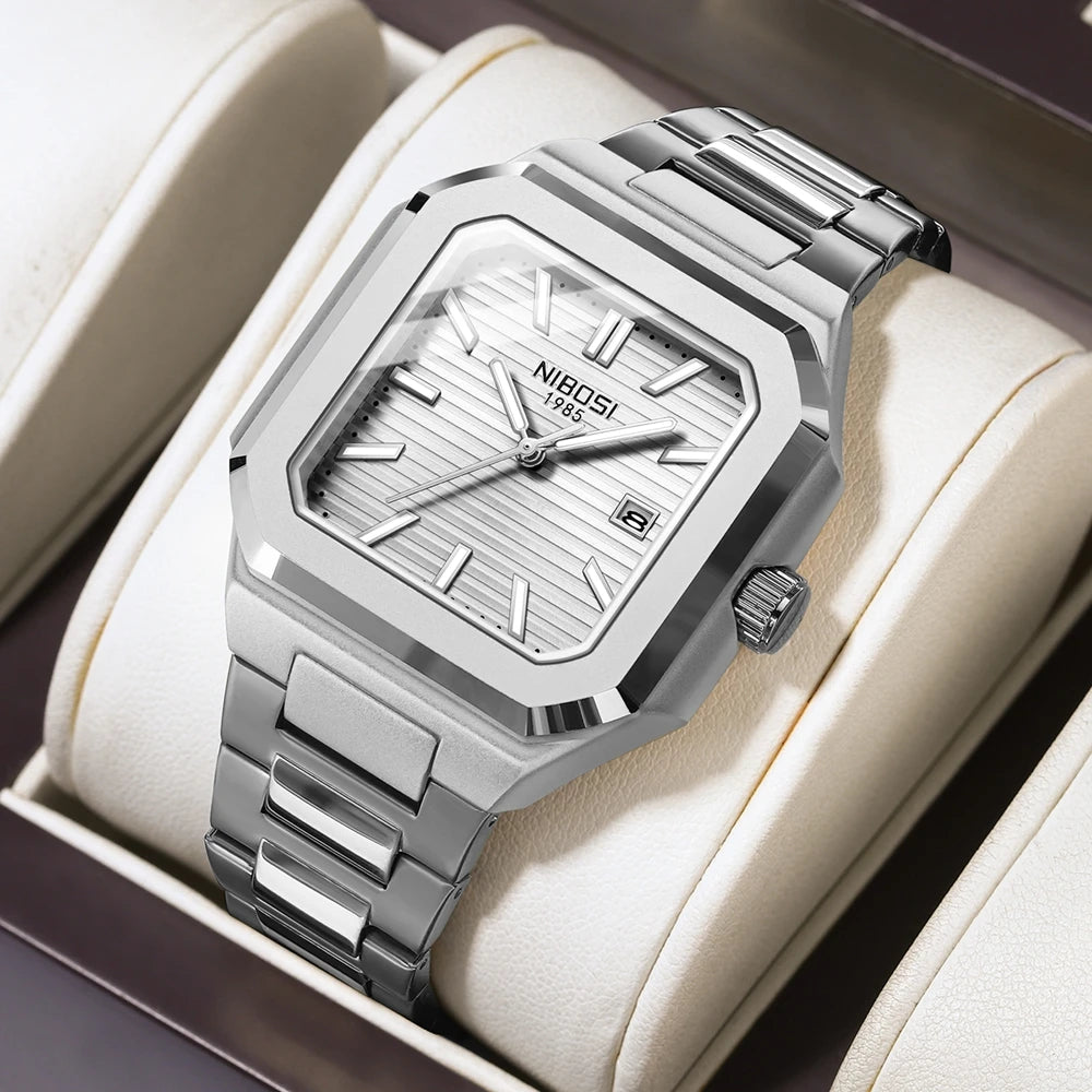 Marca NIBOSI, Reloj cuadrado a la moda, relojes de cuarzo de lujo de acero inoxidable para Hombre, Reloj luminoso resistente al agua para Hombre de negocios, Reloj para Hombre