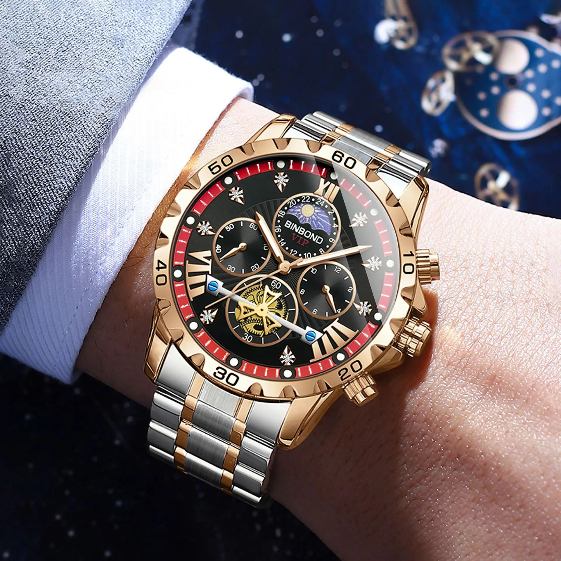 Reloj de marca superior para hombre, auténtico reloj de pulsera de cuarzo con luz nocturna de negocios de alta gama, resistente al agua, volante dorado, correa de acero