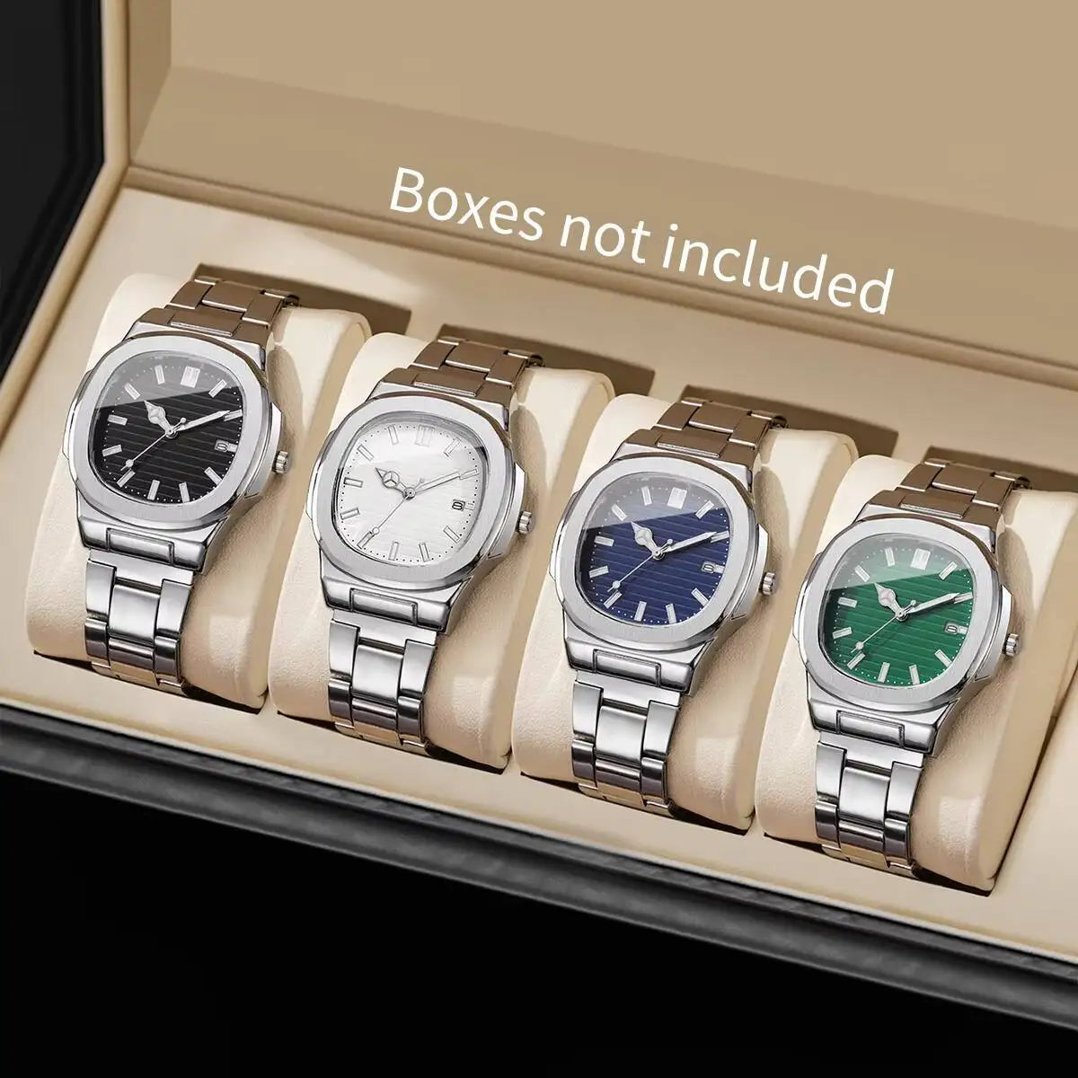 2/4 Uds. Conjunto de relojes de negocios cuadrados a la moda para Hombre, Reloj de cuarzo con calendario y correa de acero inoxidable, Reloj para Hombre (sin caja)
