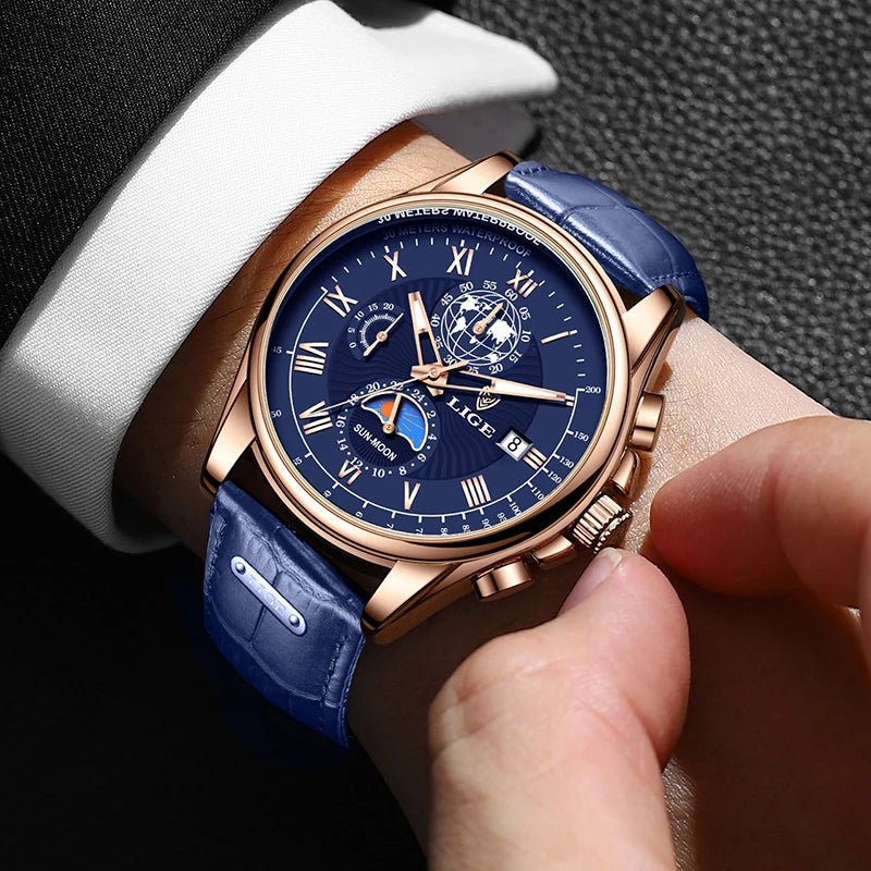 2024 LIGE, nuevos relojes de cuero azul para hombre, marca superior, reloj resistente al agua de lujo para hombre, reloj de pulsera deportivo con fecha de cuarzo, reloj Masculino