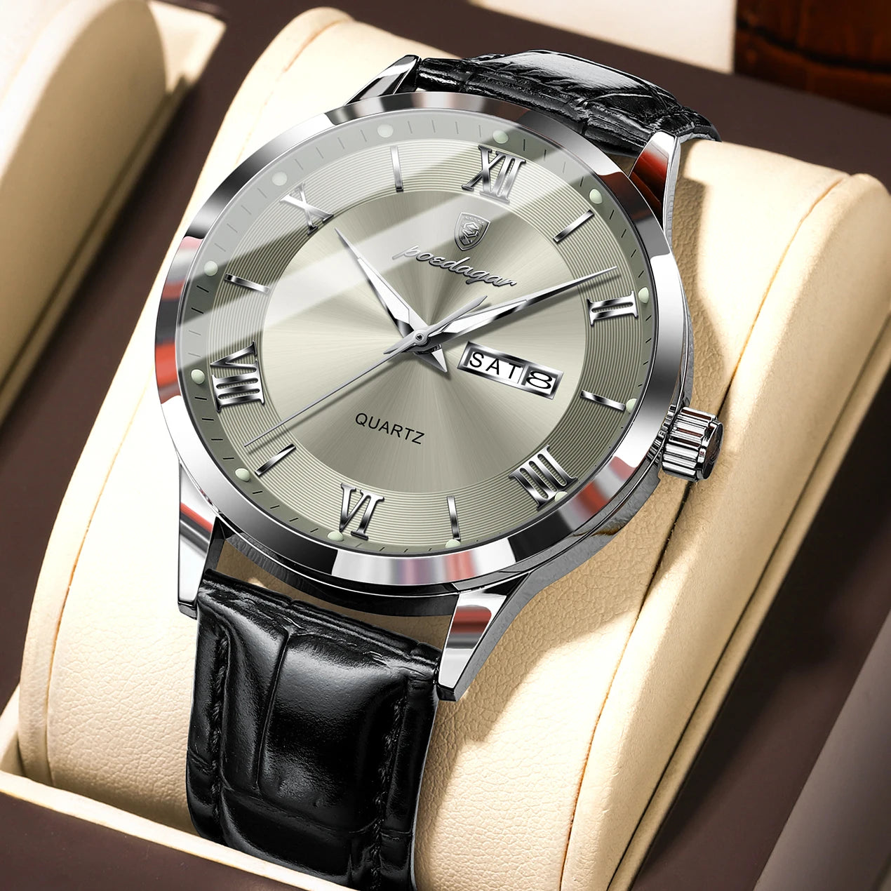 Reloj POEDAGAR de lujo para hombre, Reloj deportivo militar de cuero para hombre, Reloj de cuarzo resistente al agua luminoso con fecha y semana, Reloj para hombre + caja