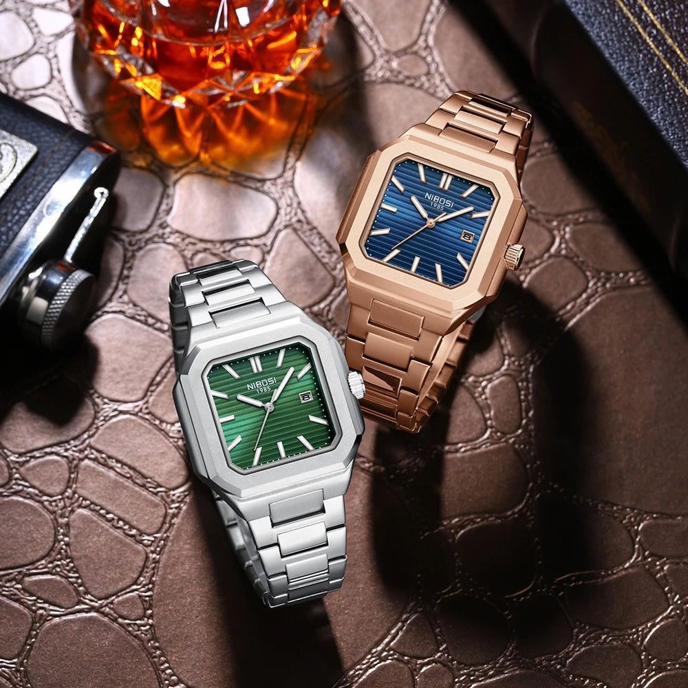 Marca NIBOSI, Reloj cuadrado a la moda, relojes de cuarzo de lujo de acero inoxidable para Hombre, Reloj luminoso resistente al agua para Hombre de negocios, Reloj para Hombre