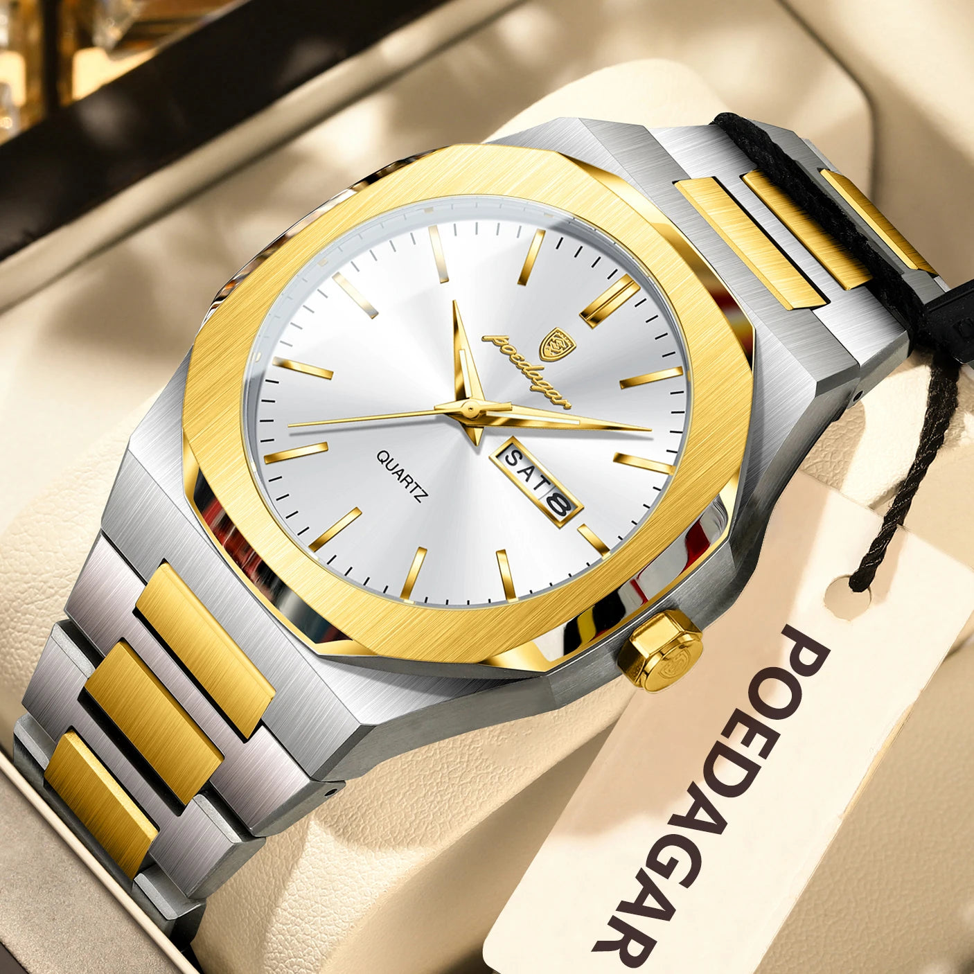 Reloj POEDAGAR de marca a la moda para hombre, relojes luminosos resistentes al agua de acero inoxidable para hombre, Reloj informal de cuarzo con fecha y semana para hombre