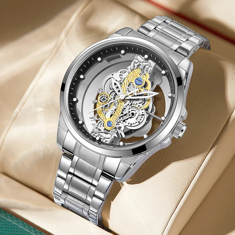 Reloj UTHAI para hombre, tendencia deportiva, doble cara, transparente, de acero hueco, resistente al agua, luminoso, reloj de pulsera de cuarzo a la moda para hombre