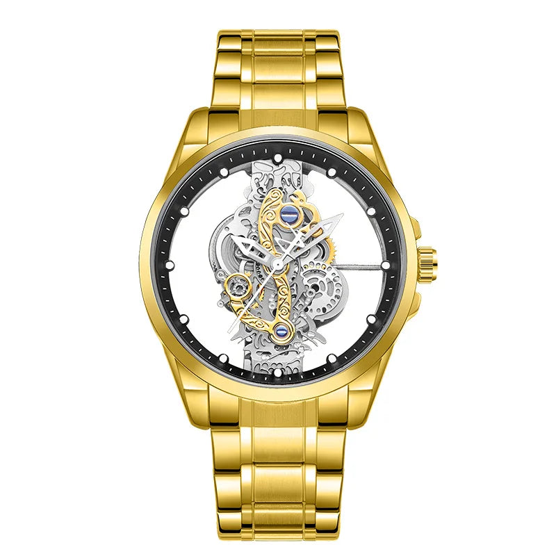 Reloj UTHAI para hombre, tendencia deportiva, doble cara, transparente, de acero hueco, resistente al agua, luminoso, reloj de pulsera de cuarzo a la moda para hombre
