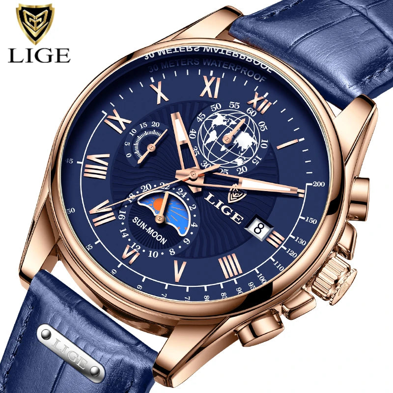 2024 LIGE, nuevos relojes de cuero azul para hombre, marca superior, reloj resistente al agua de lujo para hombre, reloj de pulsera deportivo con fecha de cuarzo, reloj Masculino