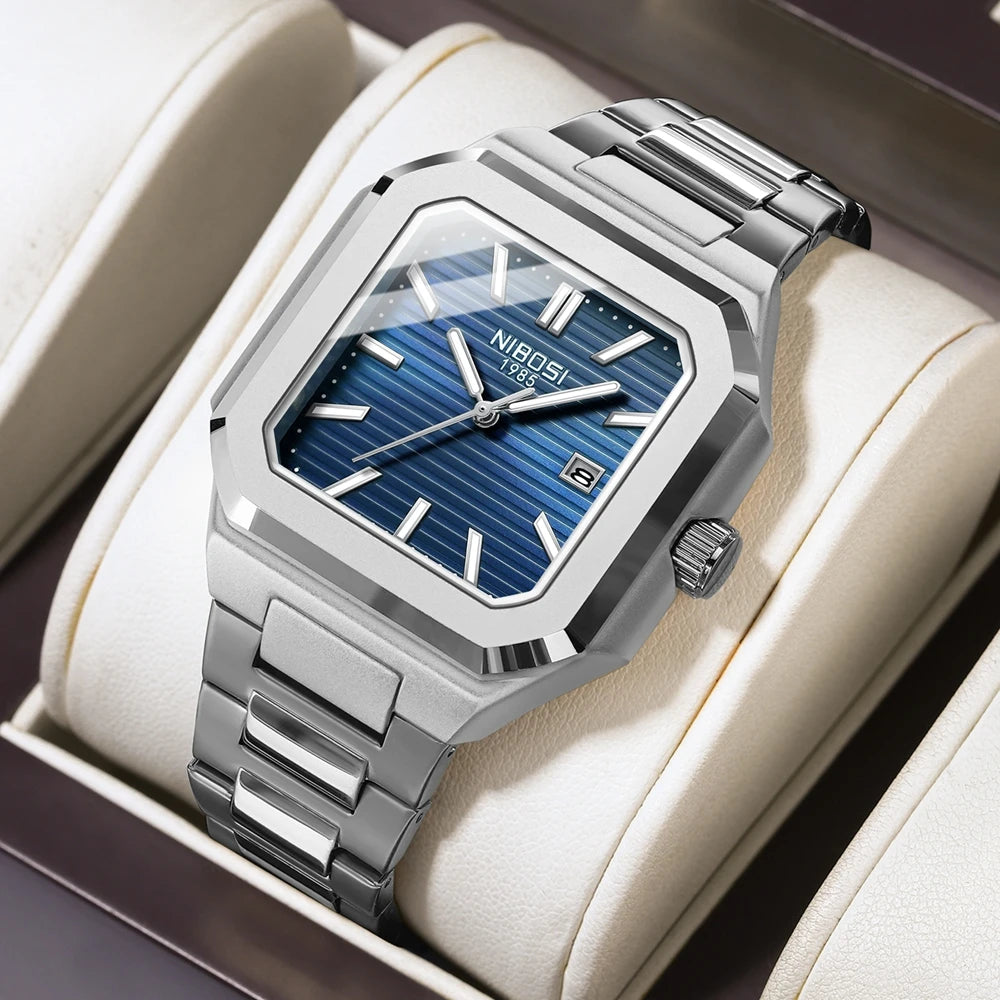 Marca NIBOSI, Reloj cuadrado a la moda, relojes de cuarzo de lujo de acero inoxidable para Hombre, Reloj luminoso resistente al agua para Hombre de negocios, Reloj para Hombre