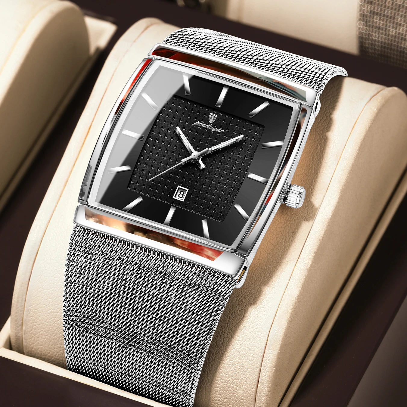 Reloj POEDAGAR Original superior para hombre, reloj de pulsera rectangular con fecha luminosa resistente al agua para hombre, relojes de cuarzo de malla de acero inoxidable para hombre