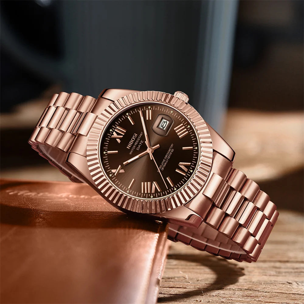 Marca NIBOSI, Reloj de cuarzo de oro rosa de lujo, Reloj masculino de acero inoxidable, Reloj luminoso resistente al agua con fecha para Hombre, Reloj para Hombre