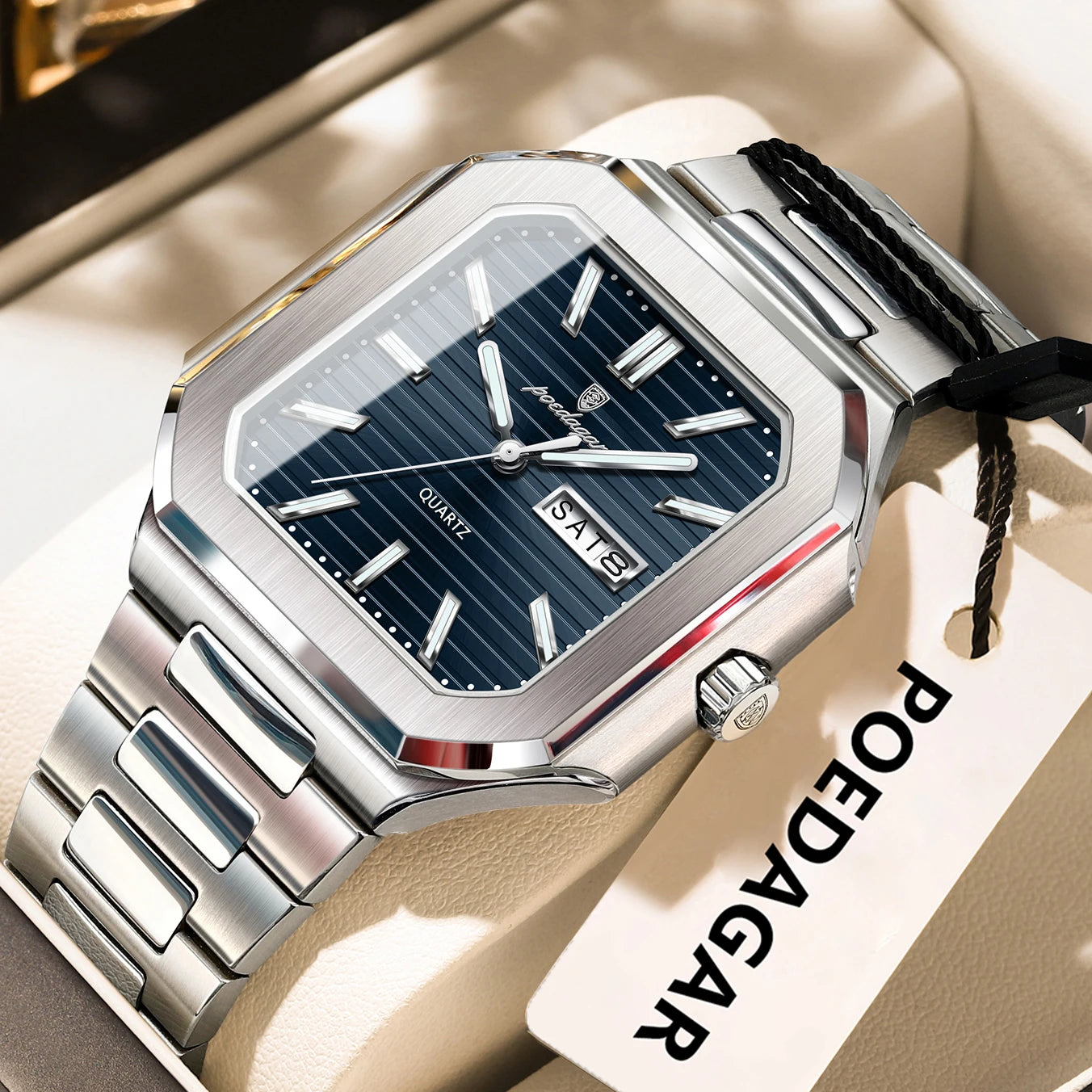 Reloj de pulsera POEDAGAR cuadrado de lujo a la moda para hombre, resistente al agua, luminoso, con fecha y semana, relojes de cuarzo para hombre, Reloj de acero inoxidable para hombre