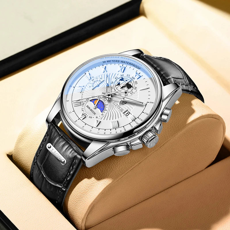 2024 LIGE, nuevos relojes de cuero azul para hombre, marca superior, reloj resistente al agua de lujo para hombre, reloj de pulsera deportivo con fecha de cuarzo, reloj Masculino