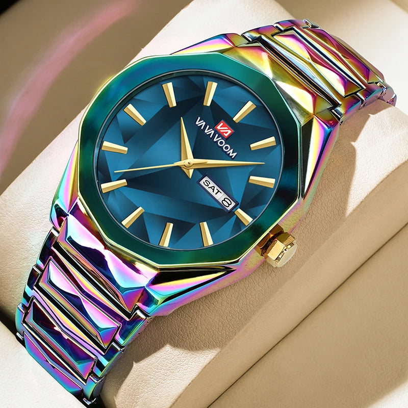 Reloj para hombre, negocios y ocio, calendario doble, resistente al agua, correa de acero inoxidable, esfera que cambia de Color, reloj de cuarzo, regalo