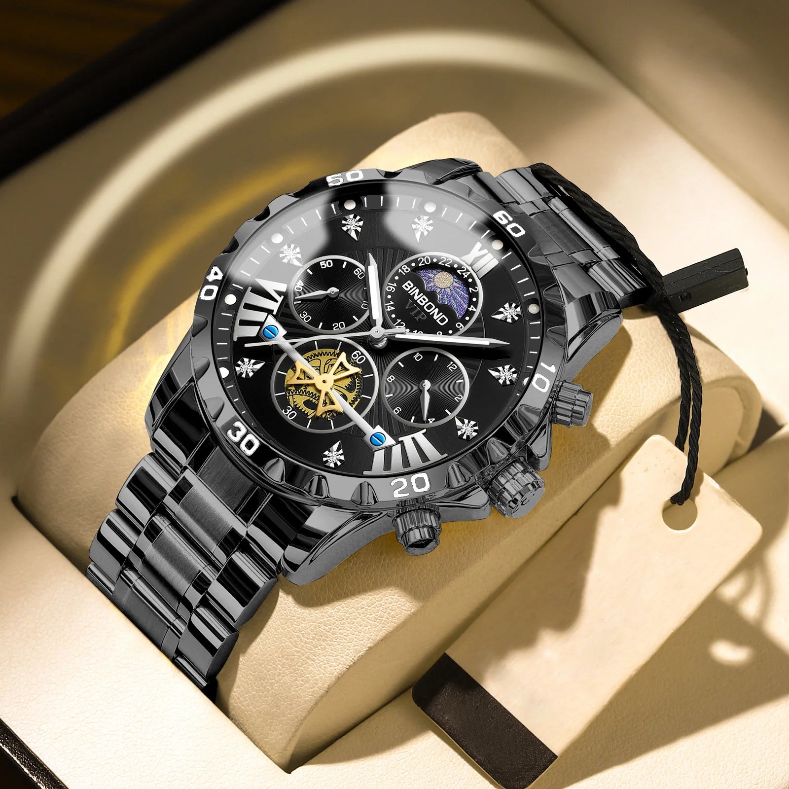 Reloj de marca superior para hombre, auténtico reloj de pulsera de cuarzo con luz nocturna de negocios de alta gama, resistente al agua, volante dorado, correa de acero
