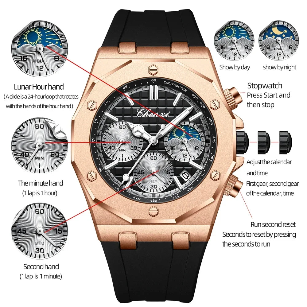CHENXI 968 relojes de lujo para hombre, relojes de pulsera deportivos a la moda, cronógrafo masculino de cuarzo, reloj de silicona para hombre, reloj luminoso Masculino